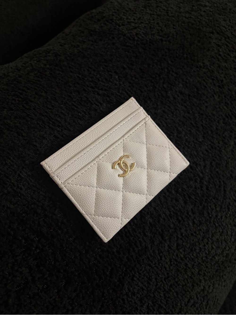 Quilted White Card Holder with Gold CC Emblem
